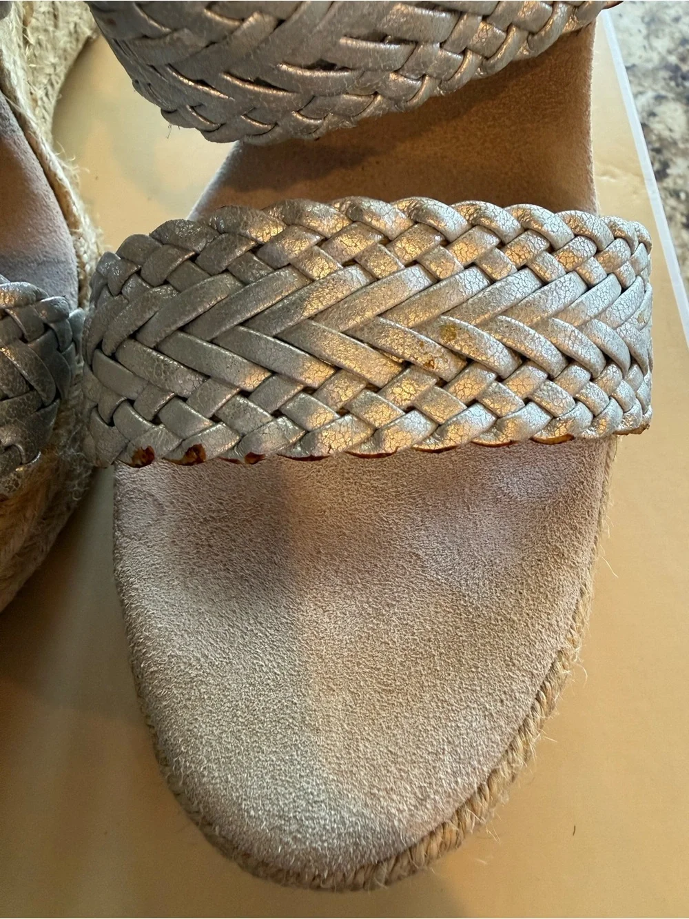 Michael Kors Metallic Silver Braided Espadrille Wedge Sandals